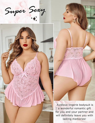 Plus Size Lace Lingerie Romper - Deep V-Neck Ruffle Hem