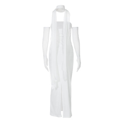 Halter Neck Strapless Maxi Dress - Open Back Mesh Glove Column Gown