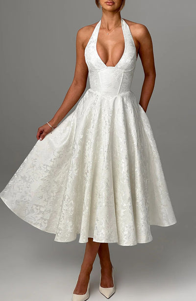 Jacquard Halter Midi Dress - Deep V Corset Waist A-Line Skirt