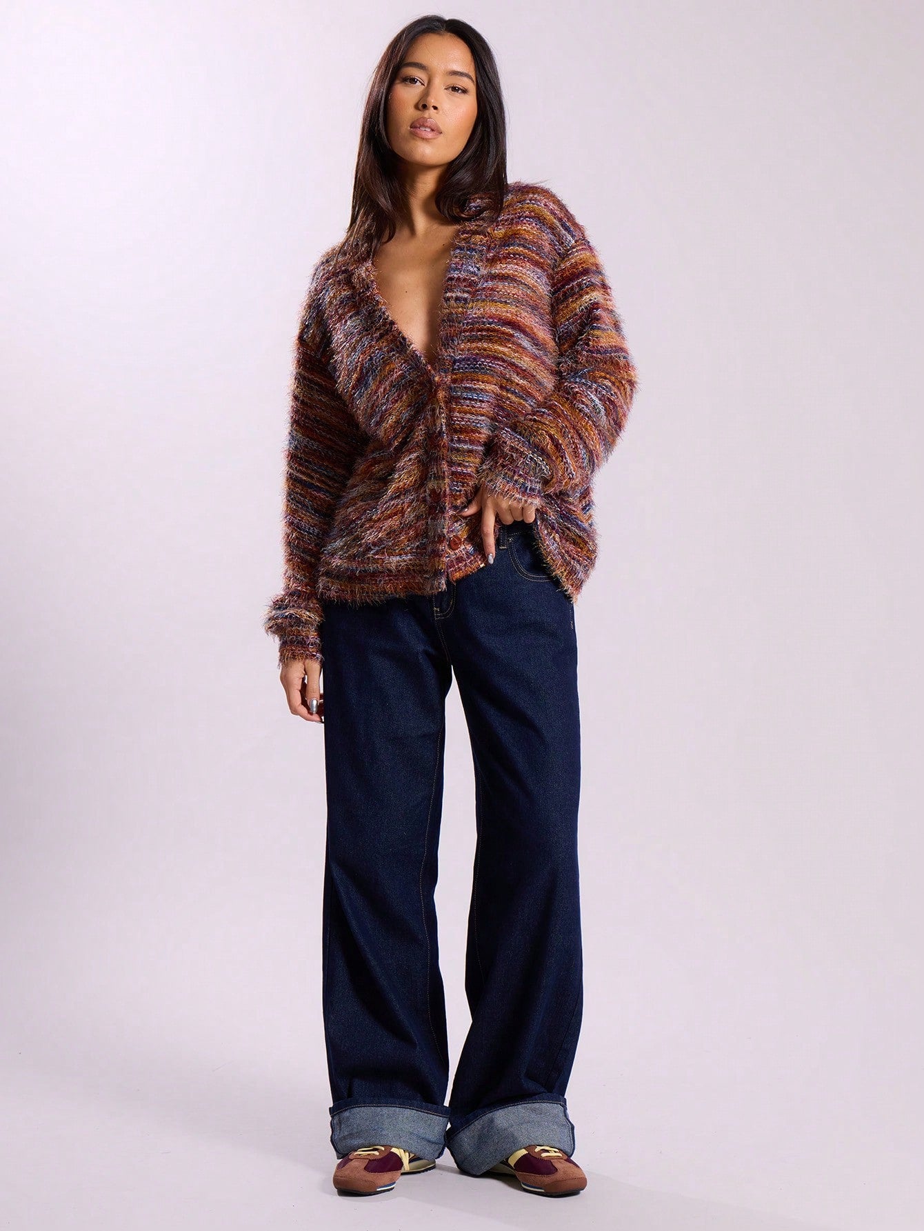 Melange Fleece Long Sleeve Cardigan - Vintage Deep V-Neck