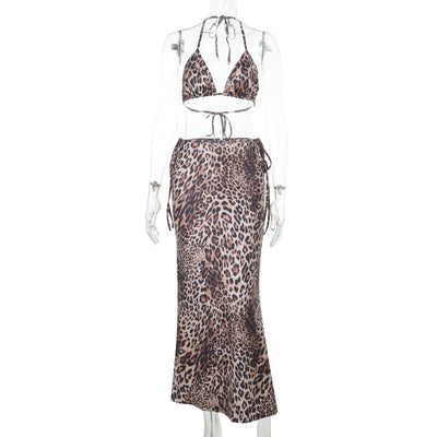 Vacation Style Leopard Bikini Set -  Maxi Skirt Cover-Up
