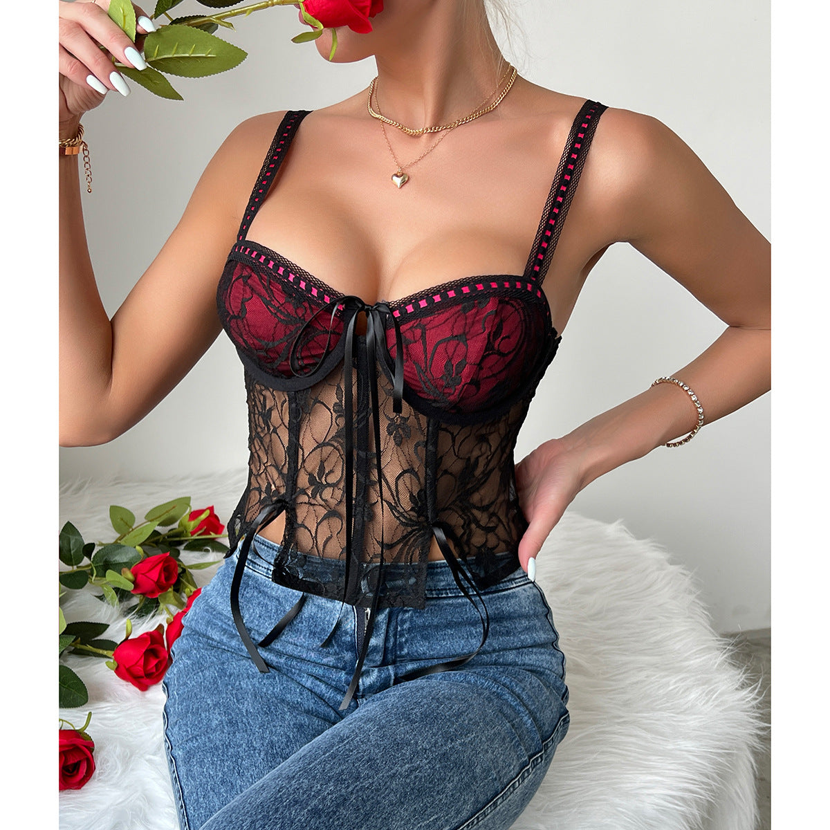 Lace Strapless Crop Top - Steel Ring Boned Belted Slim Fit