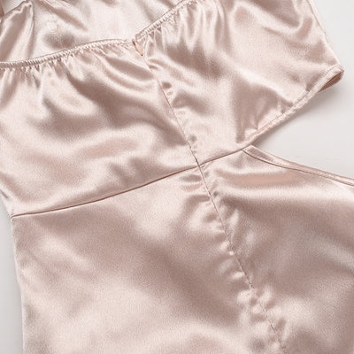 Champagne Satin Halter Maxi Dress - Cutout Waist Ruched Slit Mermaid Gown
