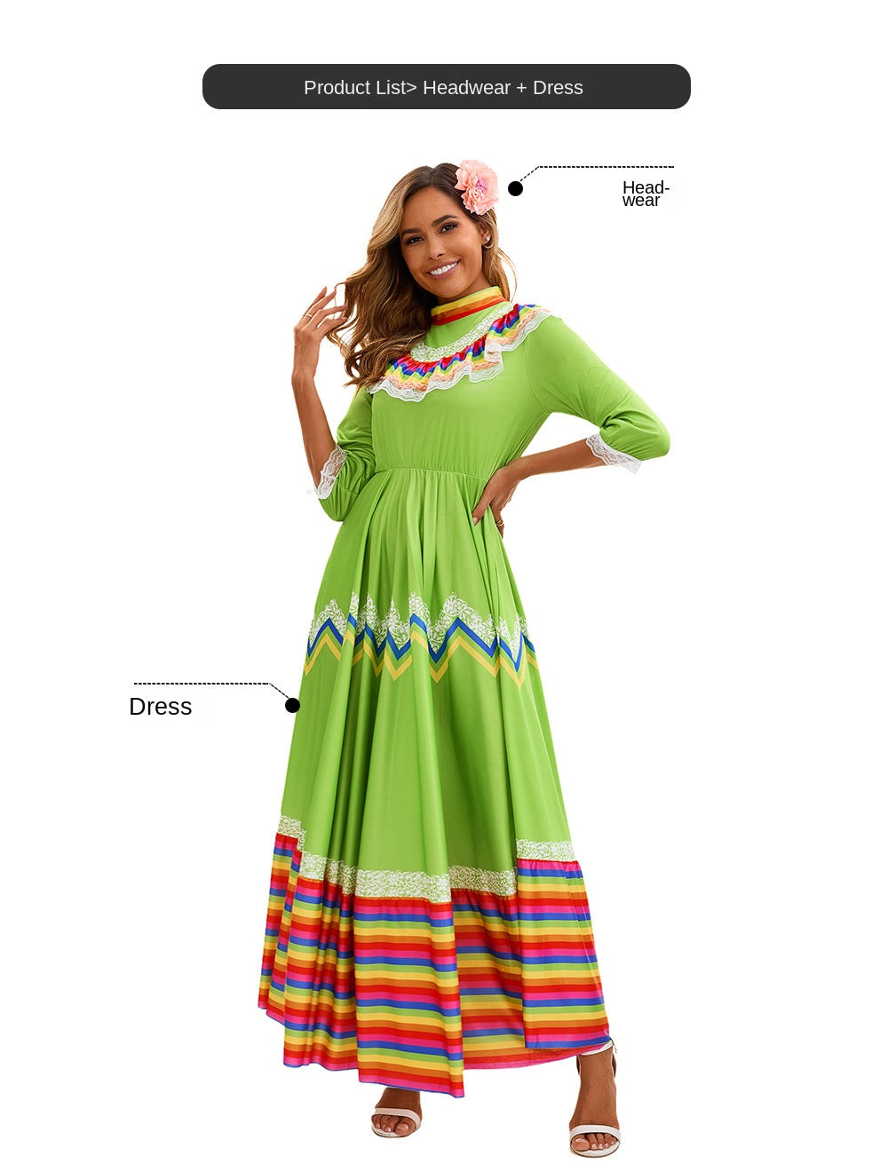 Folkloric Maxi Skirt Costume Dress - Rainbow Stripe Ruffle Hem