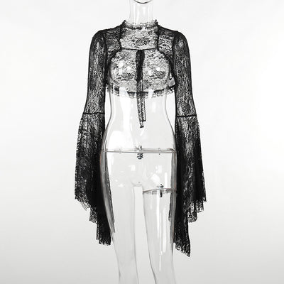Black Lace Cropped Top - Dramatic Flared Sleeve Shrug