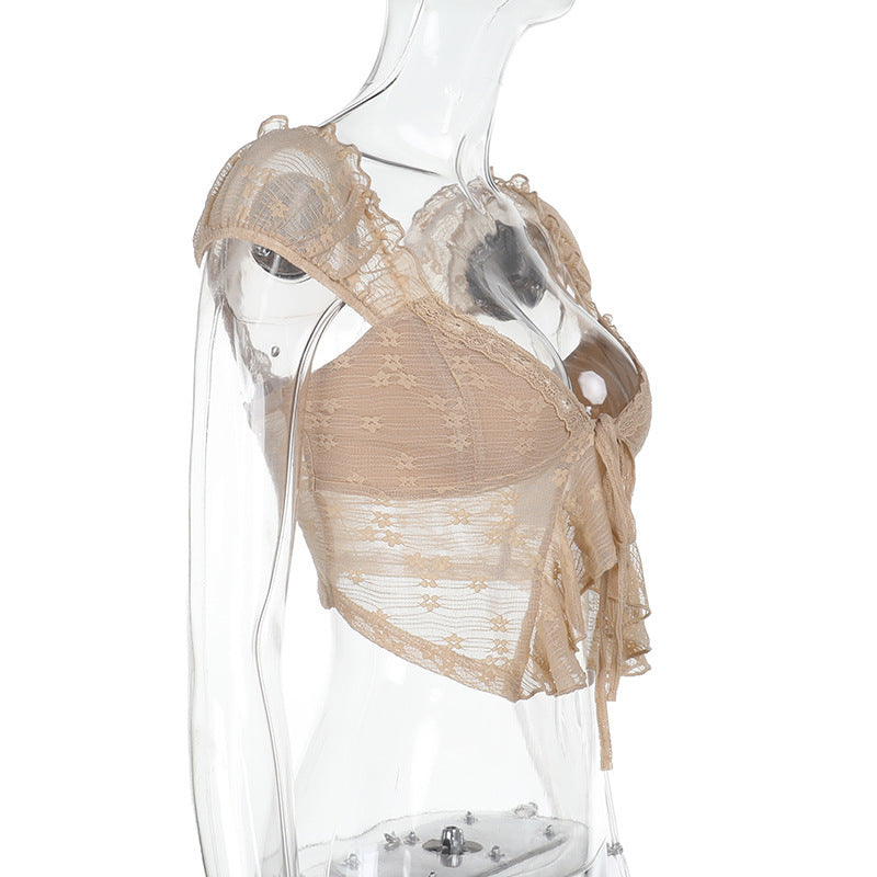 Khaki lace crop top on mannequin showing side drape and tied front