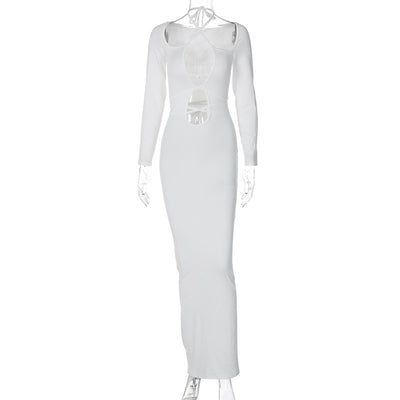 White fitted bodycon midi dress, long sleeves, hollow lace-up chest panel