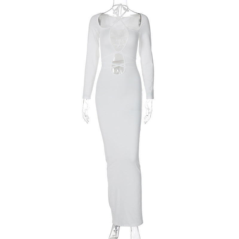 White fitted bodycon midi dress, long sleeves, hollow lace-up chest panel