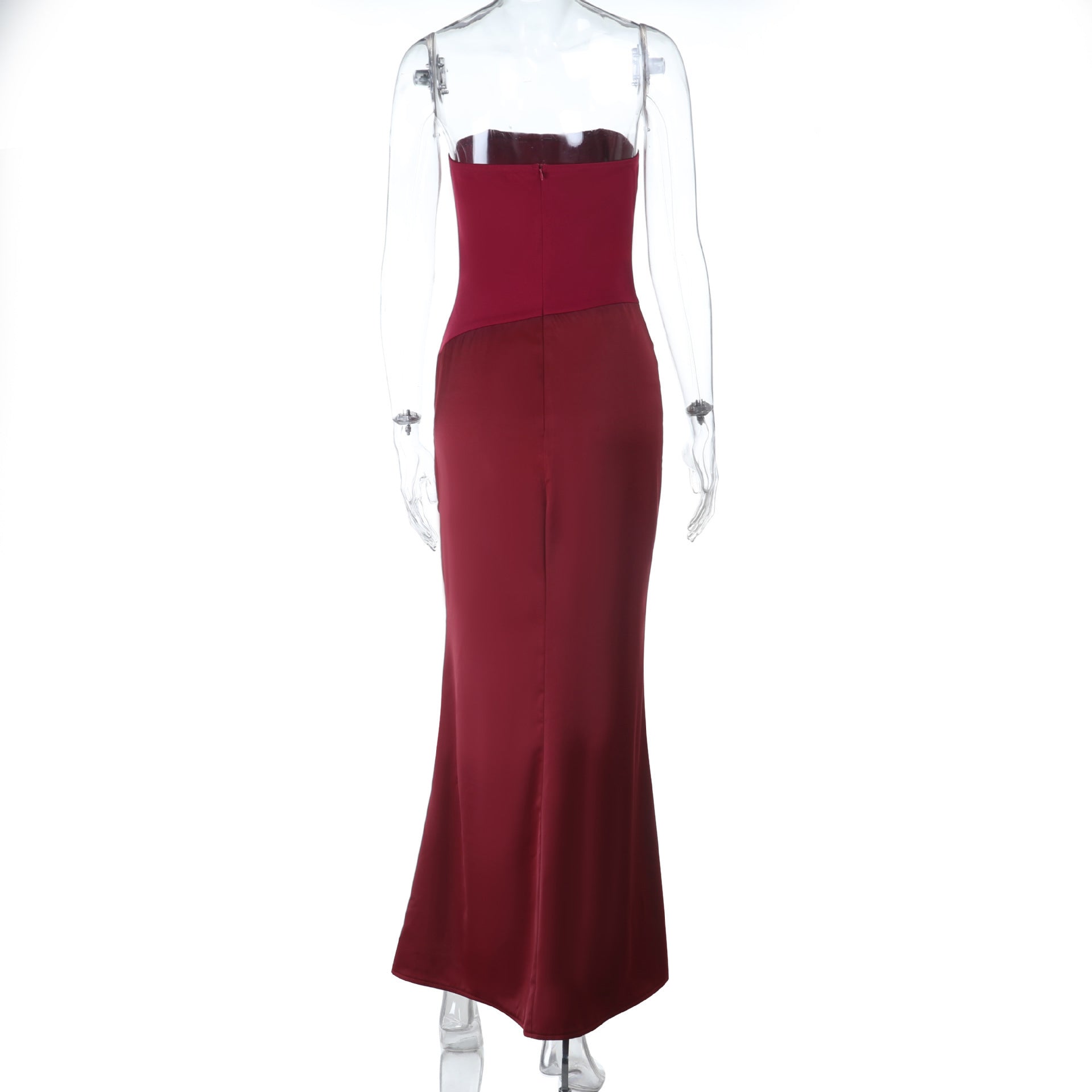 Burgundy Strapless Satin Maxi Dress - Slim Fit Prom Gown