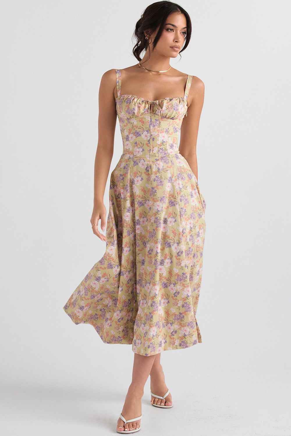 Corset Lace-Up Back Midi Dress - Wide Strap Side Slit