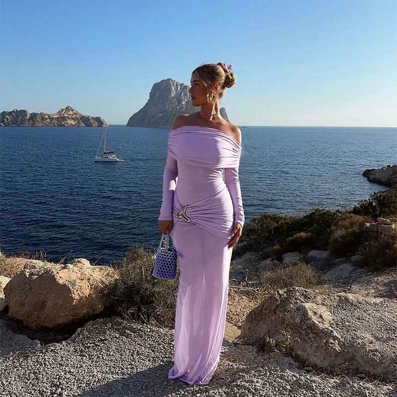 Off Shoulder Mesh Maxi Dress - Long Sleeve Bodycon Gown