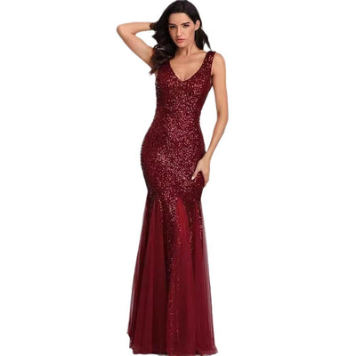 Sequin Mermaid Fishtail Evening Gown - Double V-Neck Tulle Hem