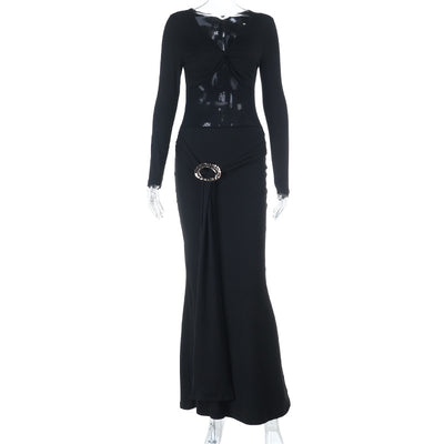 Black Mesh Maxi Dress - Long Sleeve V-Neck Evening Gown - Fashions Envy