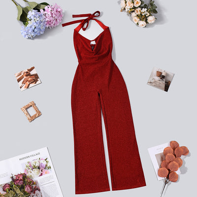 Red Halter Tie Backless Jumpsuit - Deep V Keyhole Wide Leg Flare