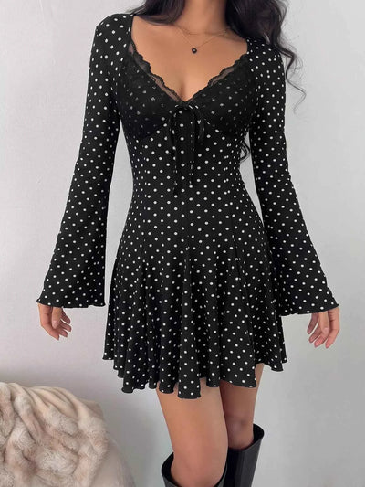 Polka Dot Lace Trimmed V-Neck Mini Dress