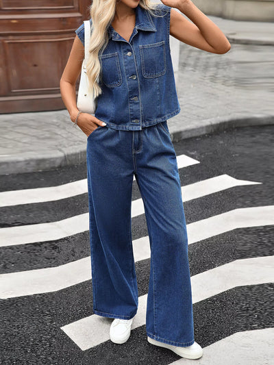 Button-Up Vest Denim Set - Sleeveless Top & Jeans Outfit - Fashions Envy