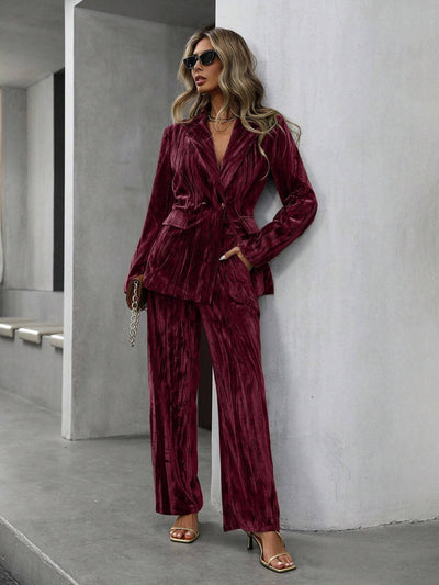 Velvet blazer and wide-leg pants set, wine red, notched lapels, long sleeves