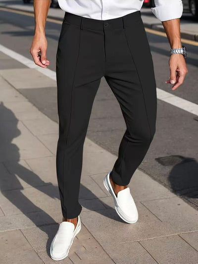 Men's slim-fit cropped dress pants in black with front crease seams