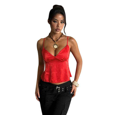 Satin Jacquard Slip Cami Top - V-Neck Loose Fit