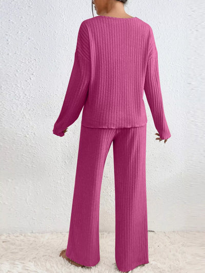 Ribbed Loungewear Set - V-Neck Top Wide-Leg Pants - Fashions Envy