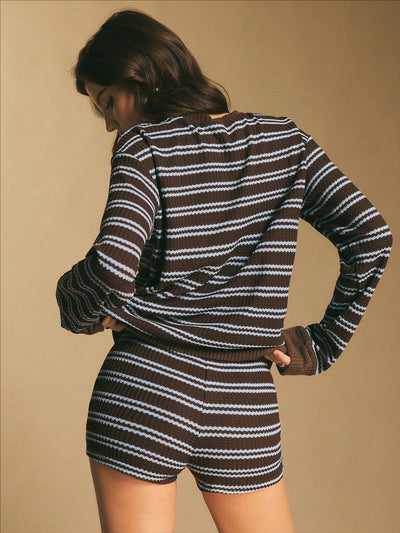 Striped Long-Sleeve Top and Shorts Set - Drawstring Waist Detail