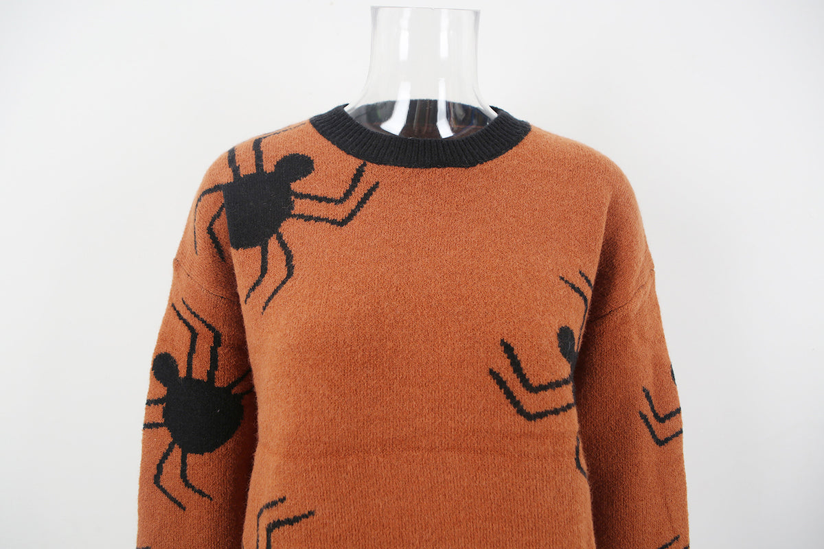 Halloween Spider Knit Sweater - Striped Ribbed Crewneck