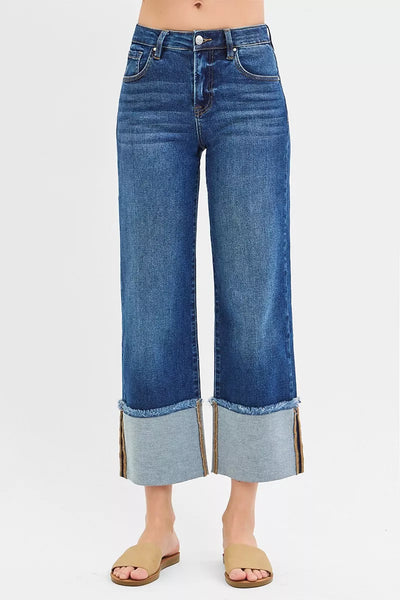 RISEN Full Size Mid Rise Crop Wide Wide Cuffed Jeans Plus Size - Fashions Envy
