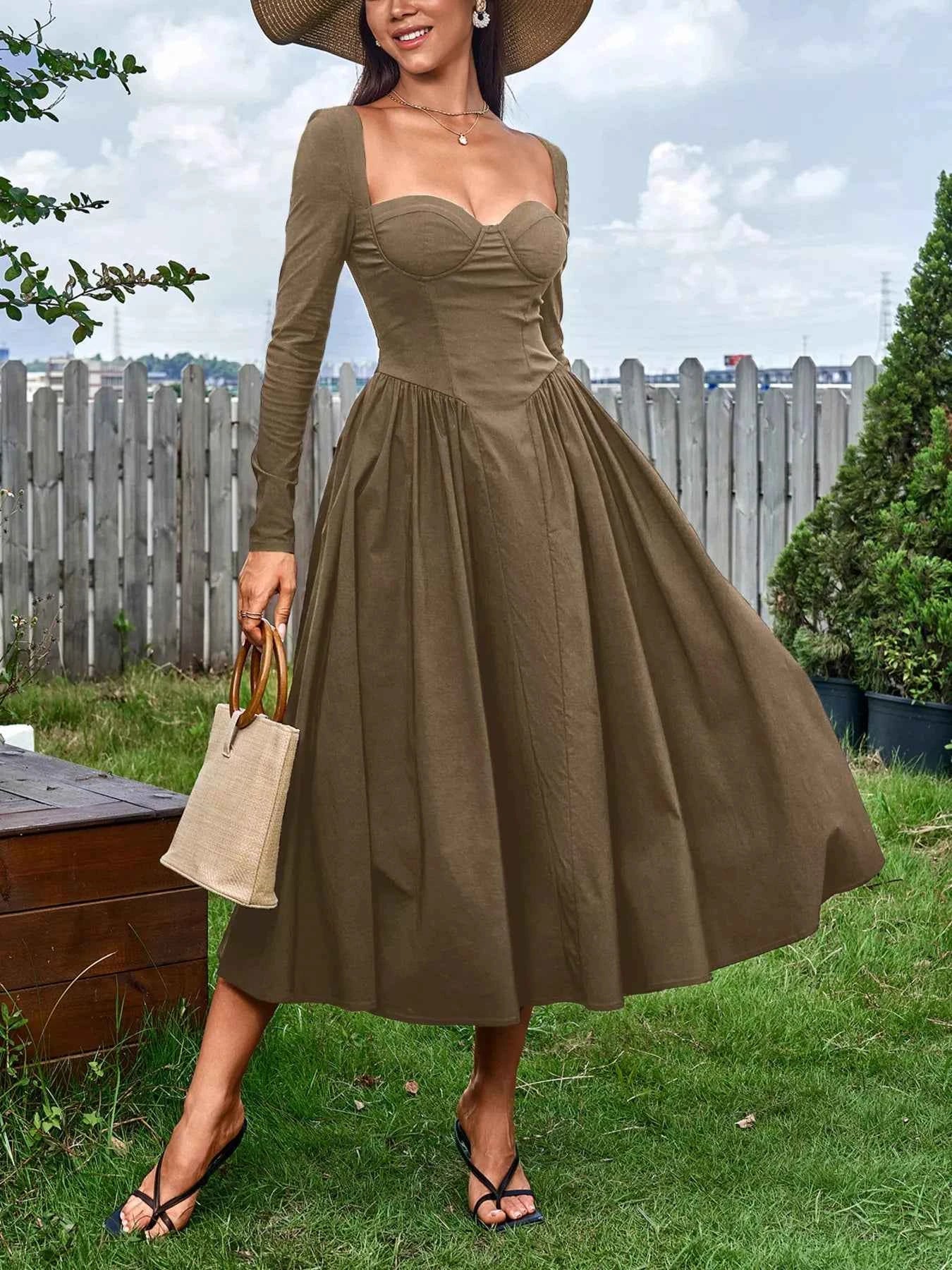 Sweetheart Midi Dress - Long Sleeve A-Line Formal Gown