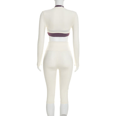 Three-Piece Capri Activewear Set - V-Neck Top and Halter Bra