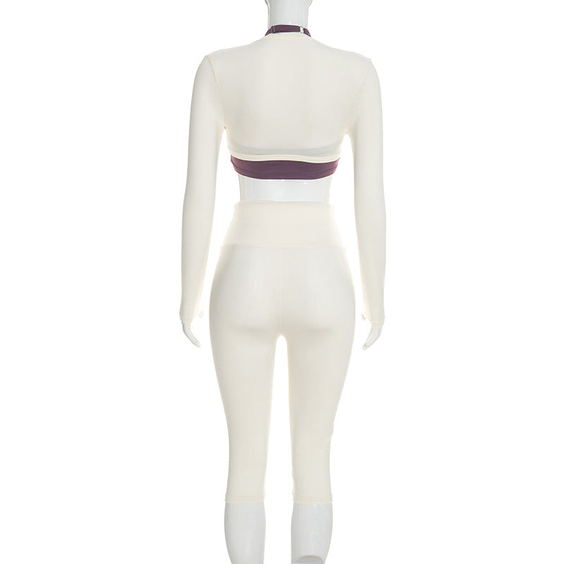 Three-Piece Capri Activewear Set - V-Neck Top and Halter Bra