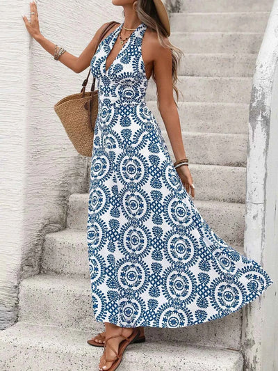 Floral Halter Maxi Dress - Tie Neck Blue Print