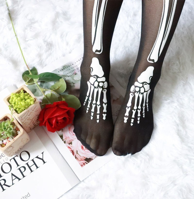 Black Skeleton Pantyhose - Full Leg Bone Print