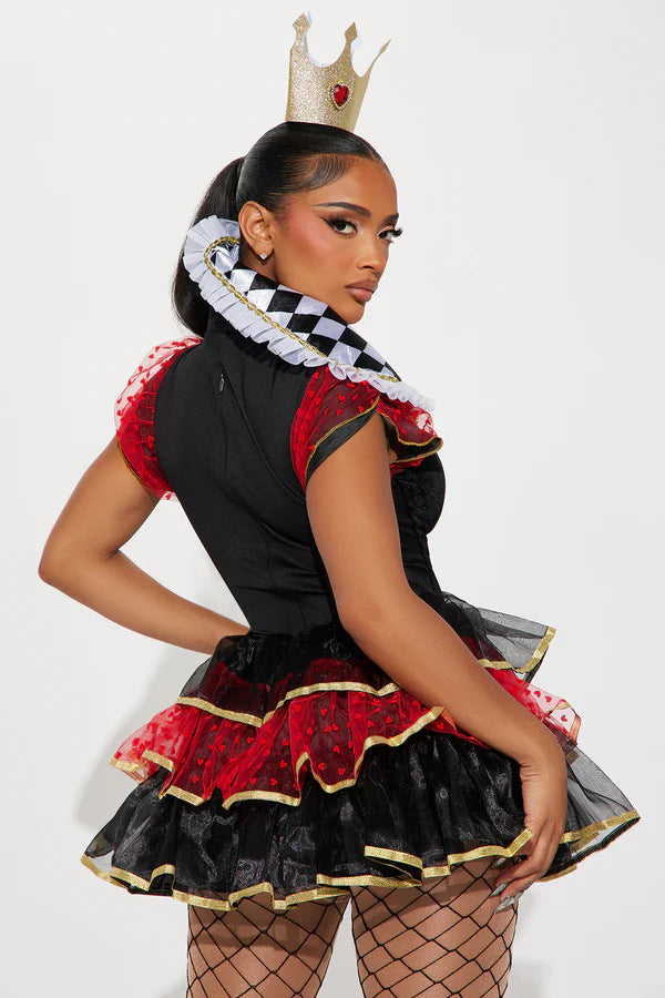 Queen costume: black bodice, red ruffled skirt, heart details, diamond-check collar