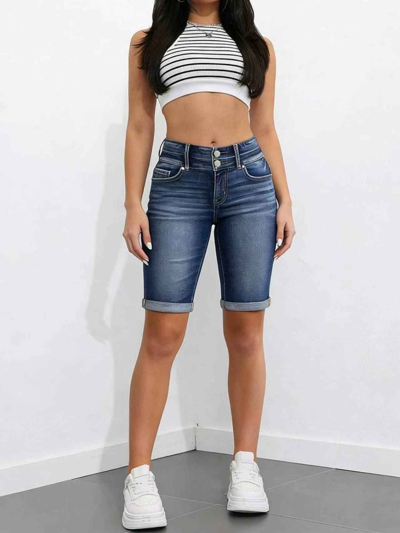 Dark Wash Double Button High Waist Denim Bermuda Shorts Women Cuffed Hem Slim Knee Length Jean Shorts With Pockets