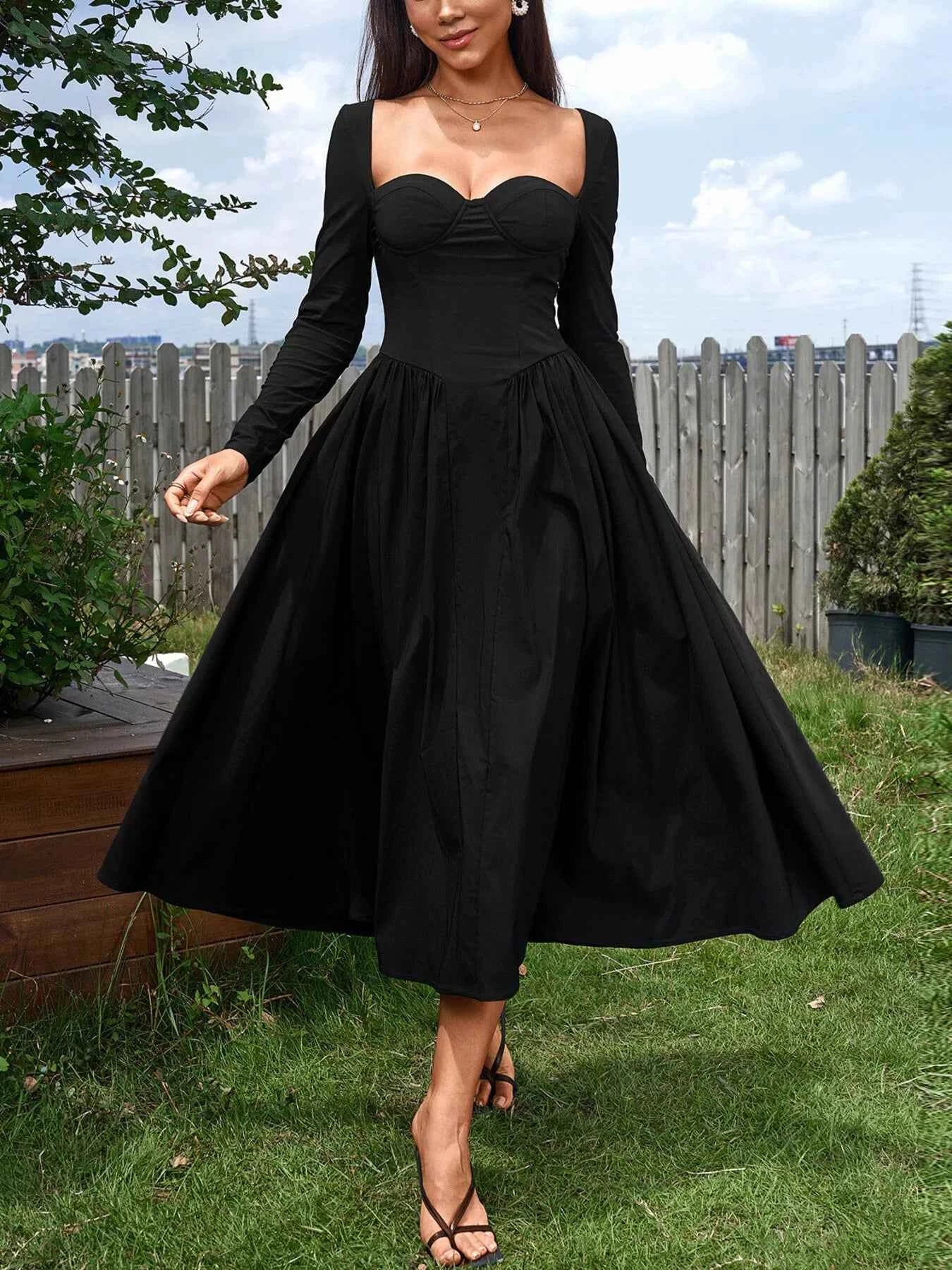 Sweetheart Neckline Long Sleeve A-Line Midi Dress