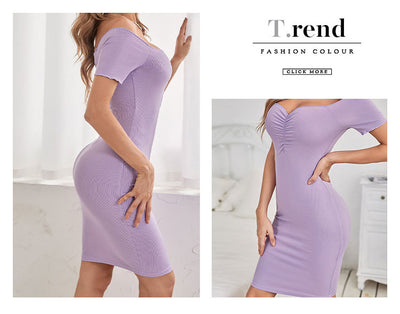 Lilac off-shoulder fitted dress with ruched bust, textured finish, side and back angles