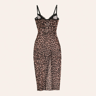 Leopard Print Slip Dress Lingerie Set - Lace Trim & Thong Included