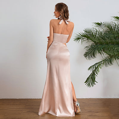 Champagne Satin Halter Maxi Dress - Cutout Waist Ruched Slit Mermaid Gown