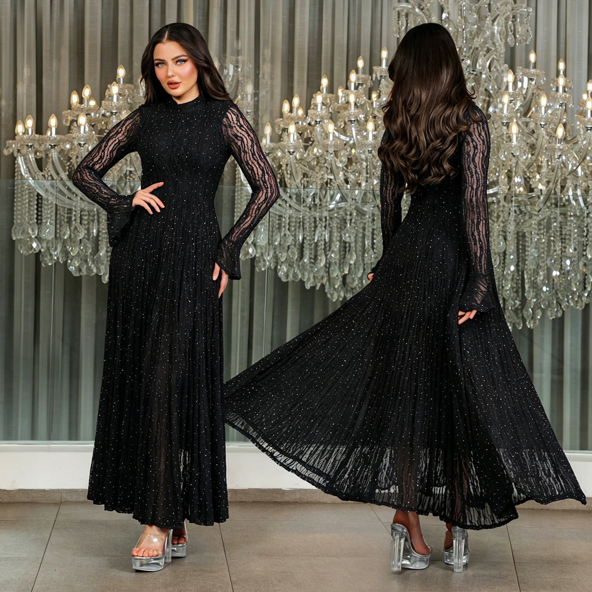 Black Glitter Lace Maxi Dress - Sheer Sleeves and Flared Hem