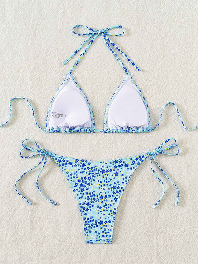 Floral Triangle Bikini - Lace Up Front Tie Bottoms Set