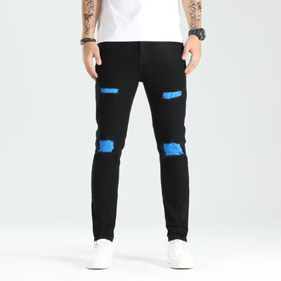 Men's Ripped Skinny Jeans - Contrast Patch Stretch Denim