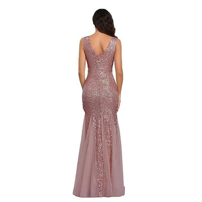 Sequin Mermaid Fishtail Evening Gown - Double V-Neck Tulle Hem
