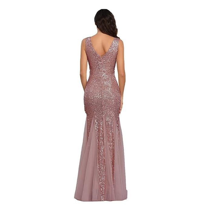 Sequin Mermaid Fishtail Evening Gown - Double V-Neck Tulle Hem
