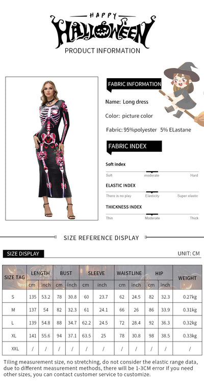 Halloween Skeleton Maxi Dress - Pink Bows & Long Sleeves