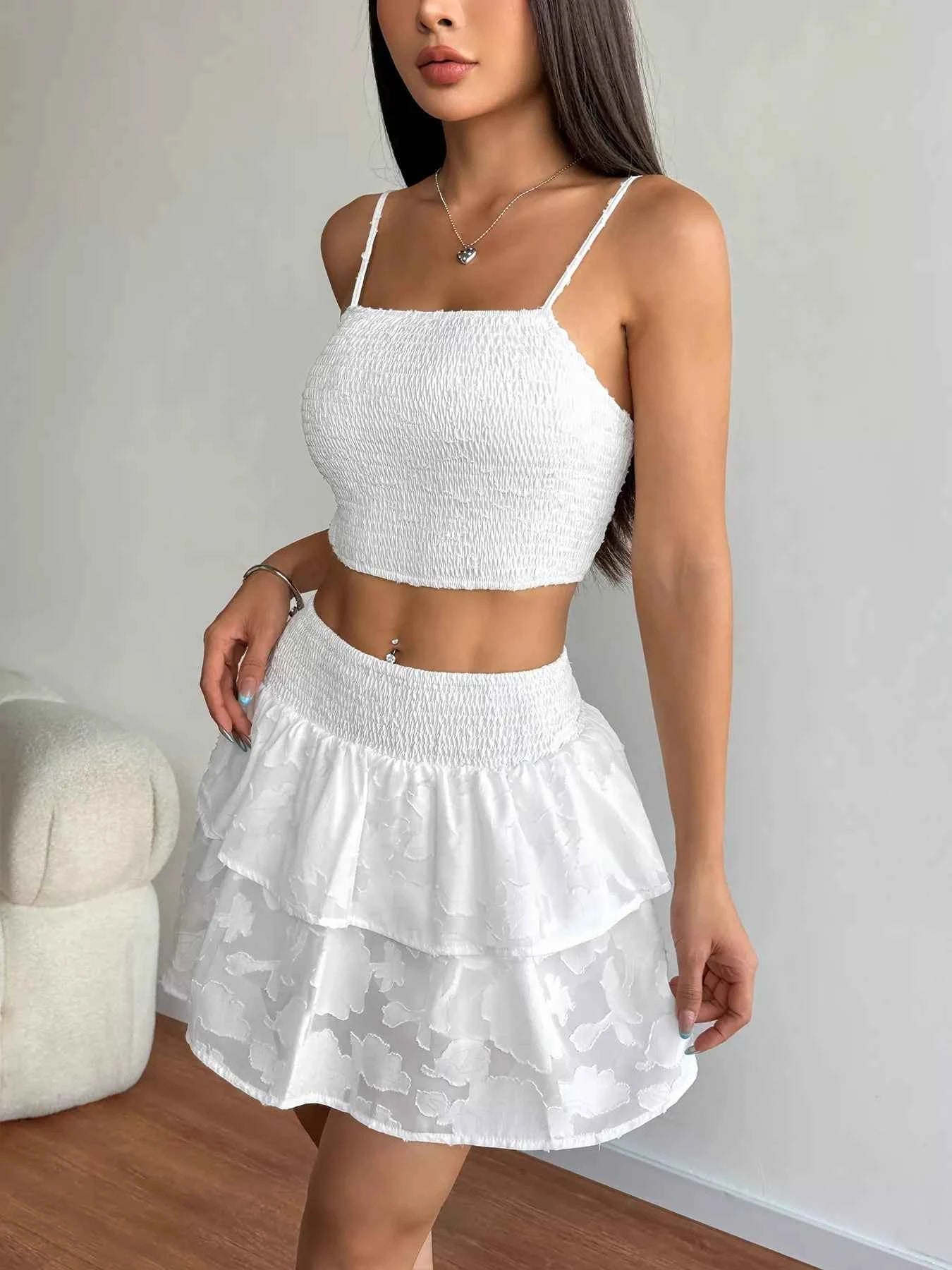 Two Piece Outfit Set - Smocked Crop Top Ruffle Skirt