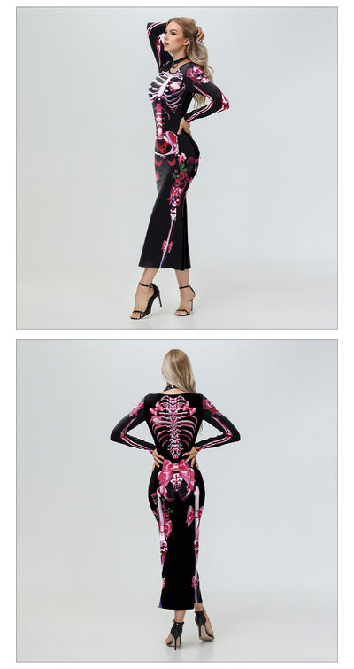 Halloween Skeleton Maxi Dress - Pink Bows & Long Sleeves