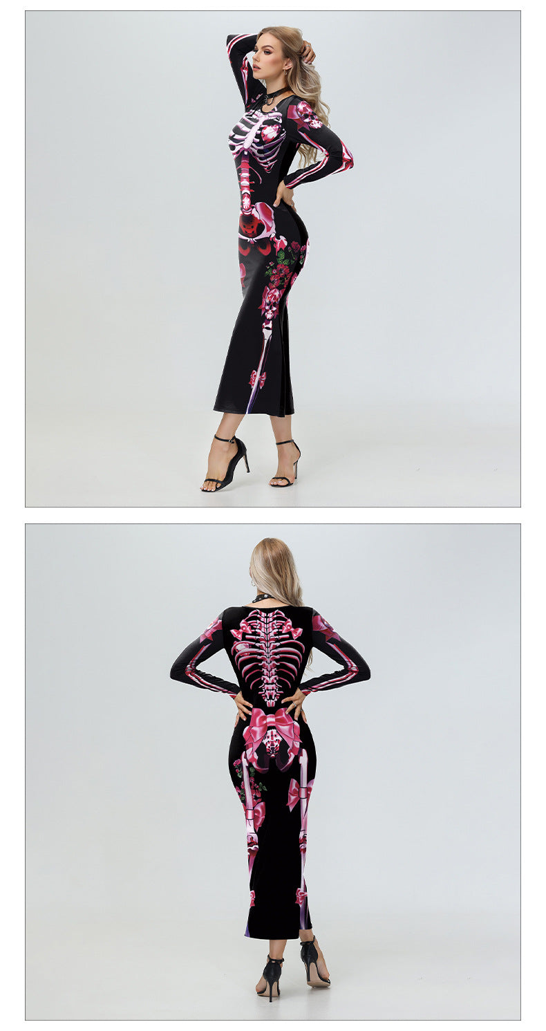 Halloween Skeleton Maxi Dress - Pink Bows & Long Sleeves