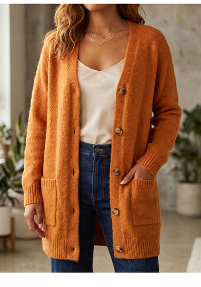 Orange Oversized Knit Button-Up Cardigan - Cozy Fall Layer