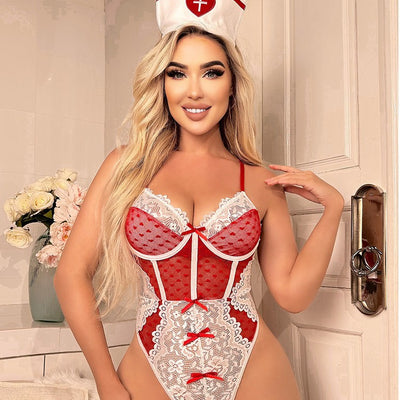 Red and white lace-trim nurse bodysuit with heart mesh cups and bow details