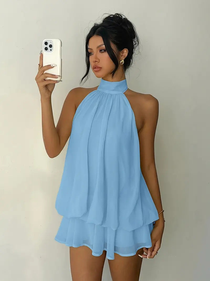 Backless Halter Neck Tiered Mini Dress - Chiffon Vacation Dress